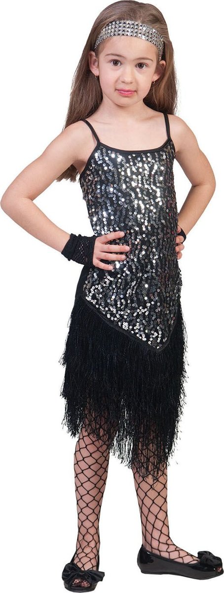 Glitter & Glamour Kostuum | Glitter Fancy Flapper Jurk Zilver Meisje | Maat 116 | Carnaval kostuum | Verkleedkleding